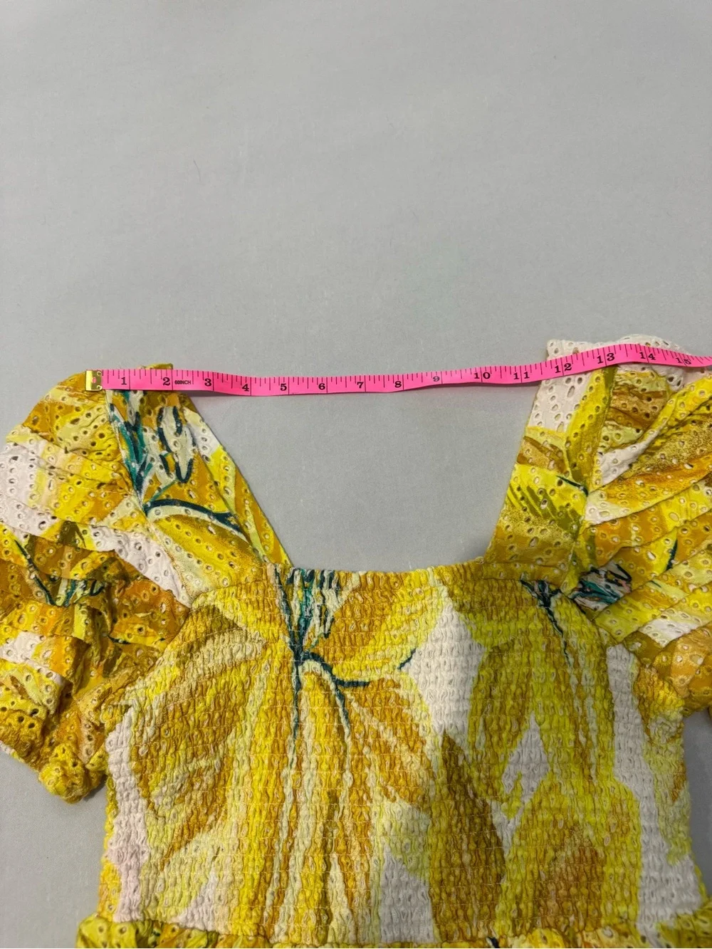 FARM Rio Azalea Yellow Floral Eyelet Smocked Peplum Top M